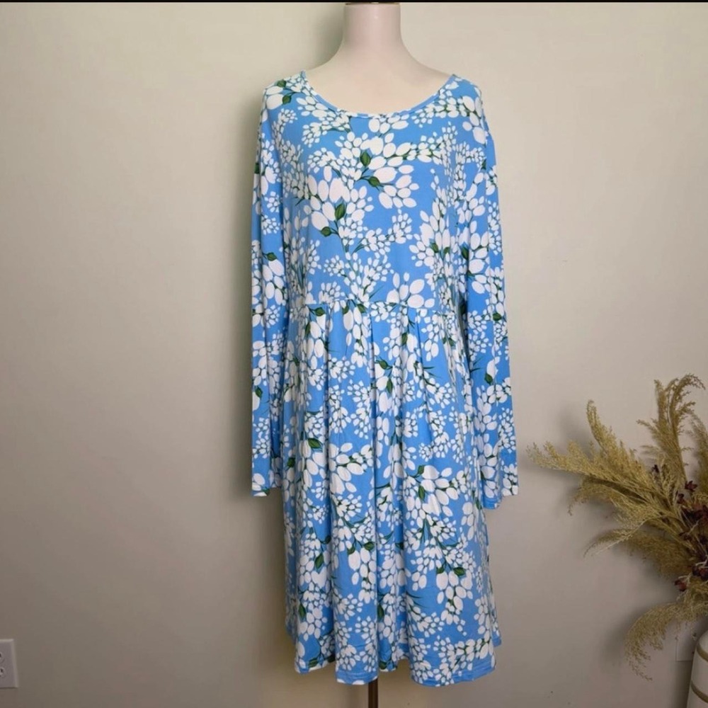 Blue Floral Knit Long Sleeve Dress with Pockets